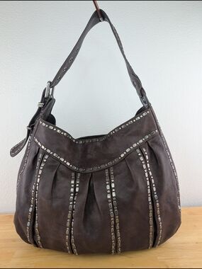 Lockheart Dark Brown Leather Hobo Shoulder Bag Slouchy Studded Pleated Detail